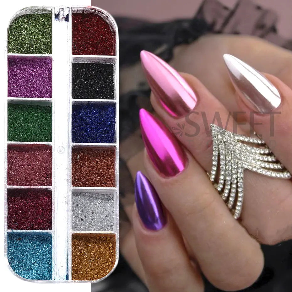 Pigmento Metálico Holográfico para Uñas – 12 Colores, Efecto Espejo, Decoración UV Gel