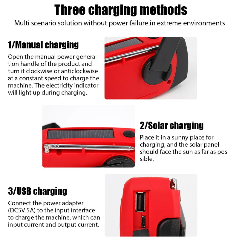 Radio de Emergencia Portátil Multifuncional – Solar, Manivela, Linterna LED y Power Bank