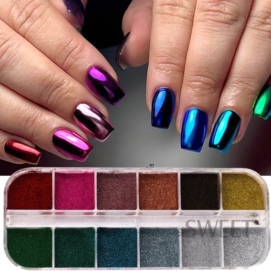 Pigmento Metálico Holográfico para Uñas – 12 Colores, Efecto Espejo, Decoración UV Gel