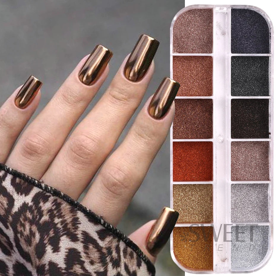 Pigmento Metálico Holográfico para Uñas – 12 Colores, Efecto Espejo, Decoración UV Gel