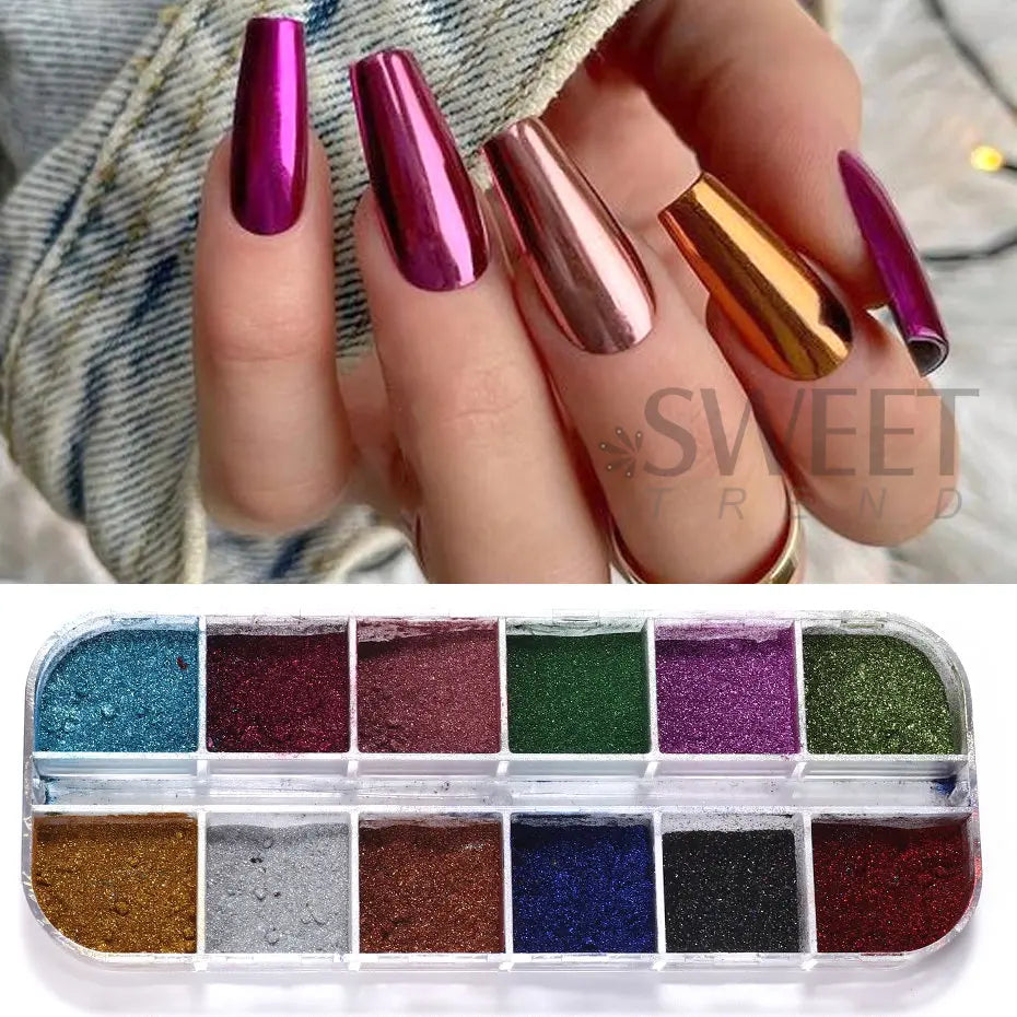 Pigmento Metálico Holográfico para Uñas – 12 Colores, Efecto Espejo, Decoración UV Gel