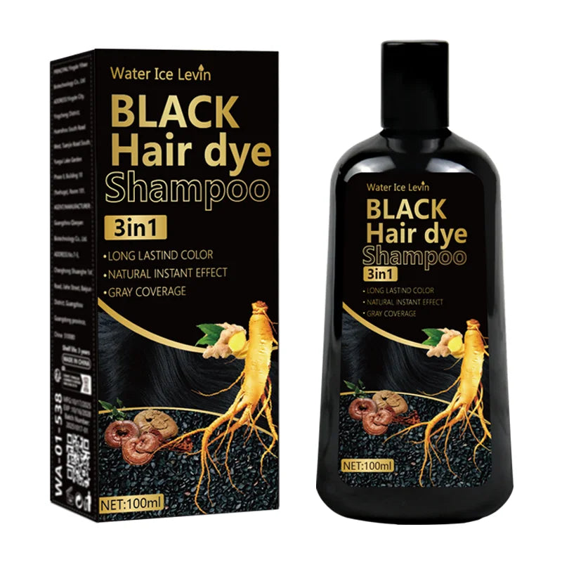 Black Hair Dye Shampoo 3in1 with Ginger & Biotin - Long Lasting Color & Gray Coverage for Vibrant Hair