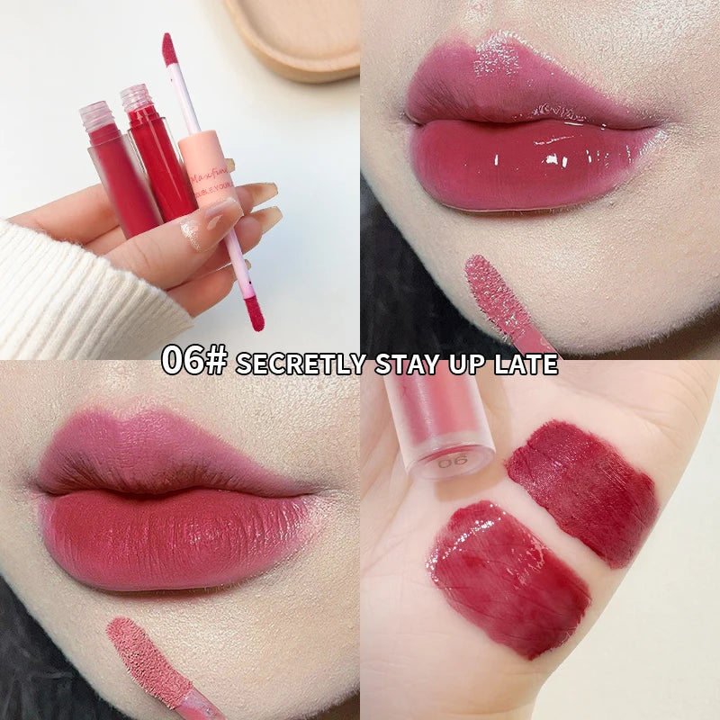 Lip Glaze Doble Efecto – Brillo Espejo y Acabado Mate Aterciopelado, Larga Duración