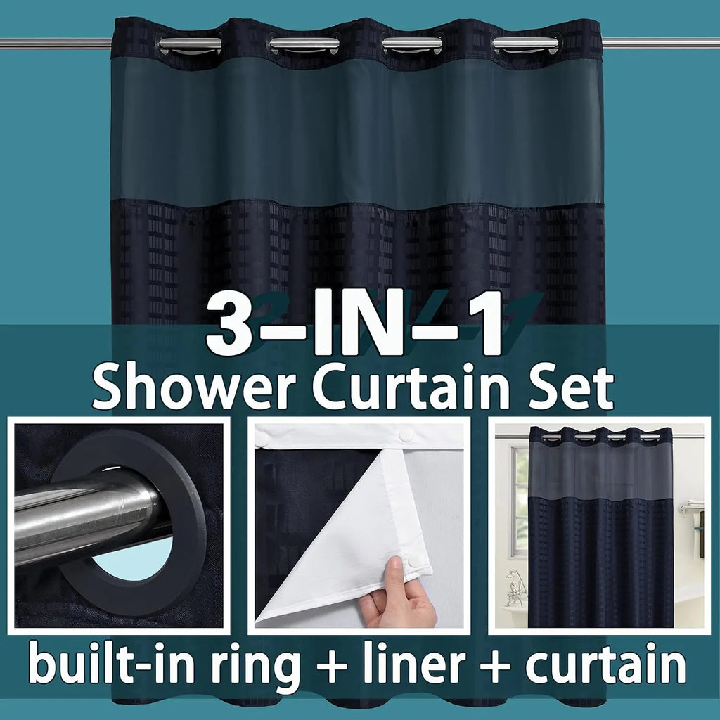Cortina de Baño Waffle Negra con Puntos – Sin Ganchos, 71x74in