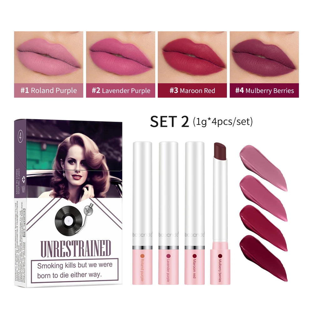 Set de 4 Labiales Mate Larga Duración – Resistente al Agua