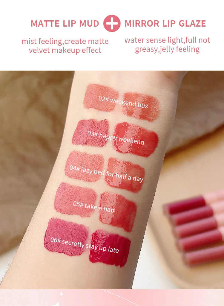 Lip Glaze Doble Efecto – Brillo Espejo y Acabado Mate Aterciopelado, Larga Duración
