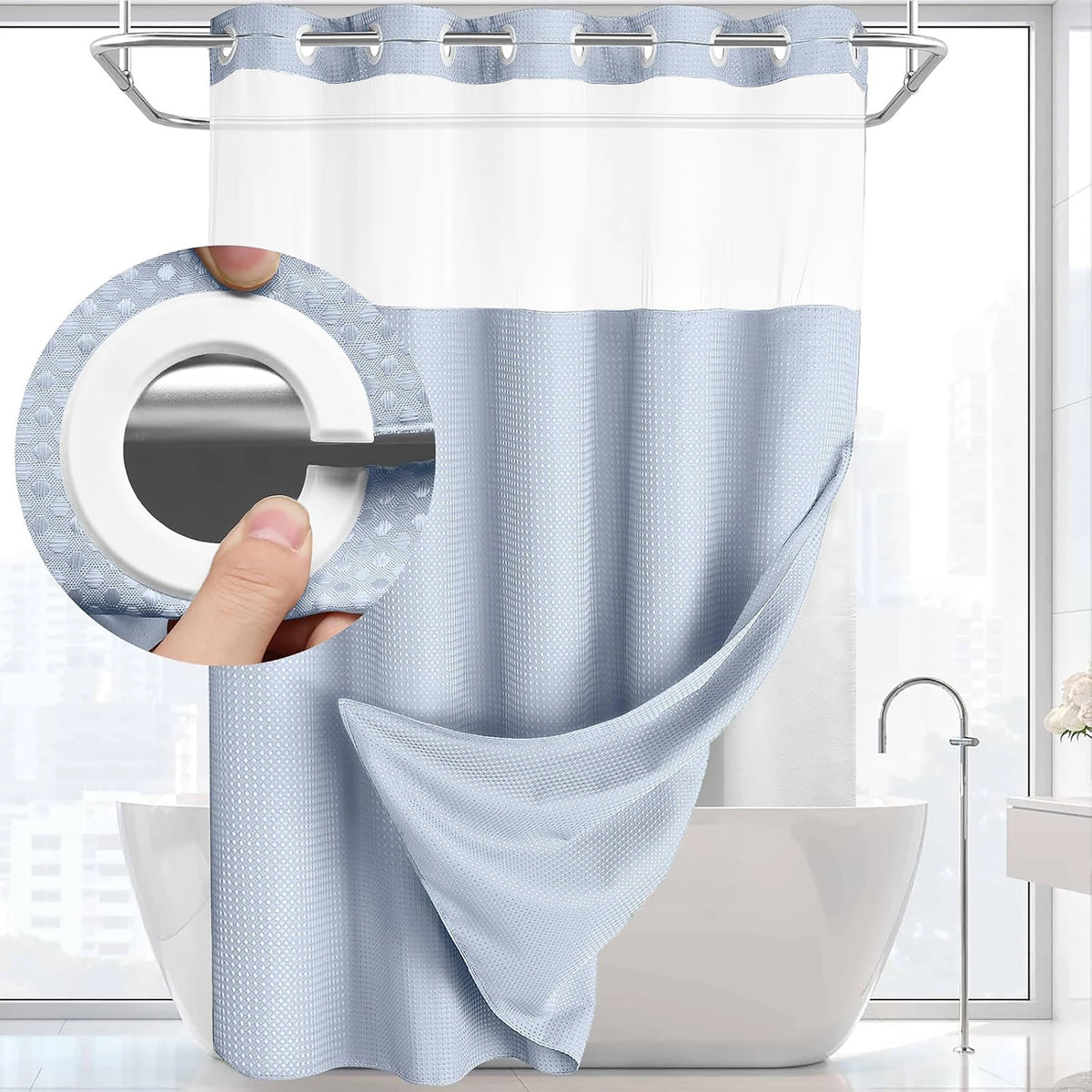 Cortina de Baño Waffle Negra con Puntos – Sin Ganchos, 71x74in