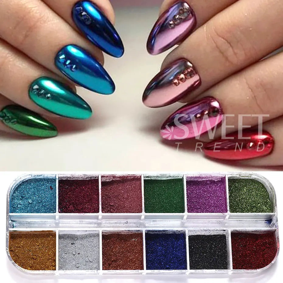 Pigmento Metálico Holográfico para Uñas – 12 Colores, Efecto Espejo, Decoración UV Gel