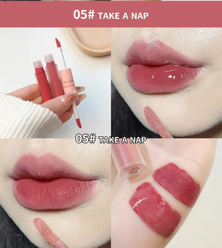 Lip Glaze Doble Efecto – Brillo Espejo y Acabado Mate Aterciopelado, Larga Duración