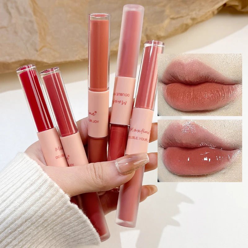 Lip Glaze Doble Efecto – Brillo Espejo y Acabado Mate Aterciopelado, Larga Duración