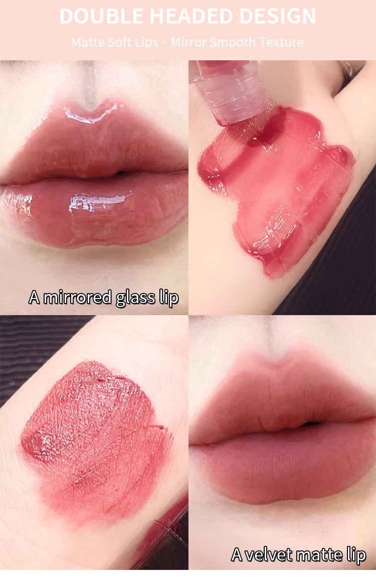 Lip Glaze Doble Efecto – Brillo Espejo y Acabado Mate Aterciopelado, Larga Duración