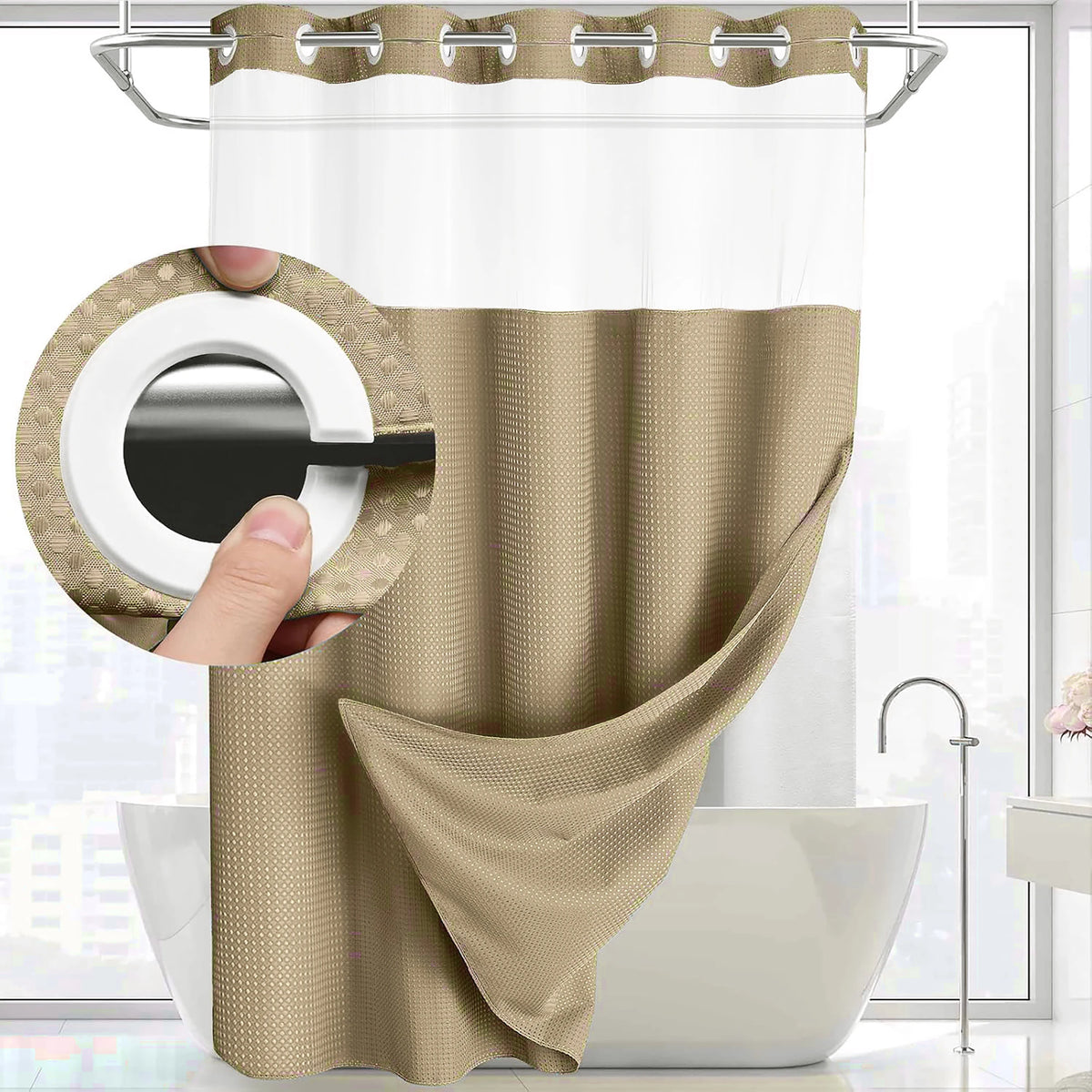 Cortina de Baño Waffle Negra con Puntos – Sin Ganchos, 71x74in