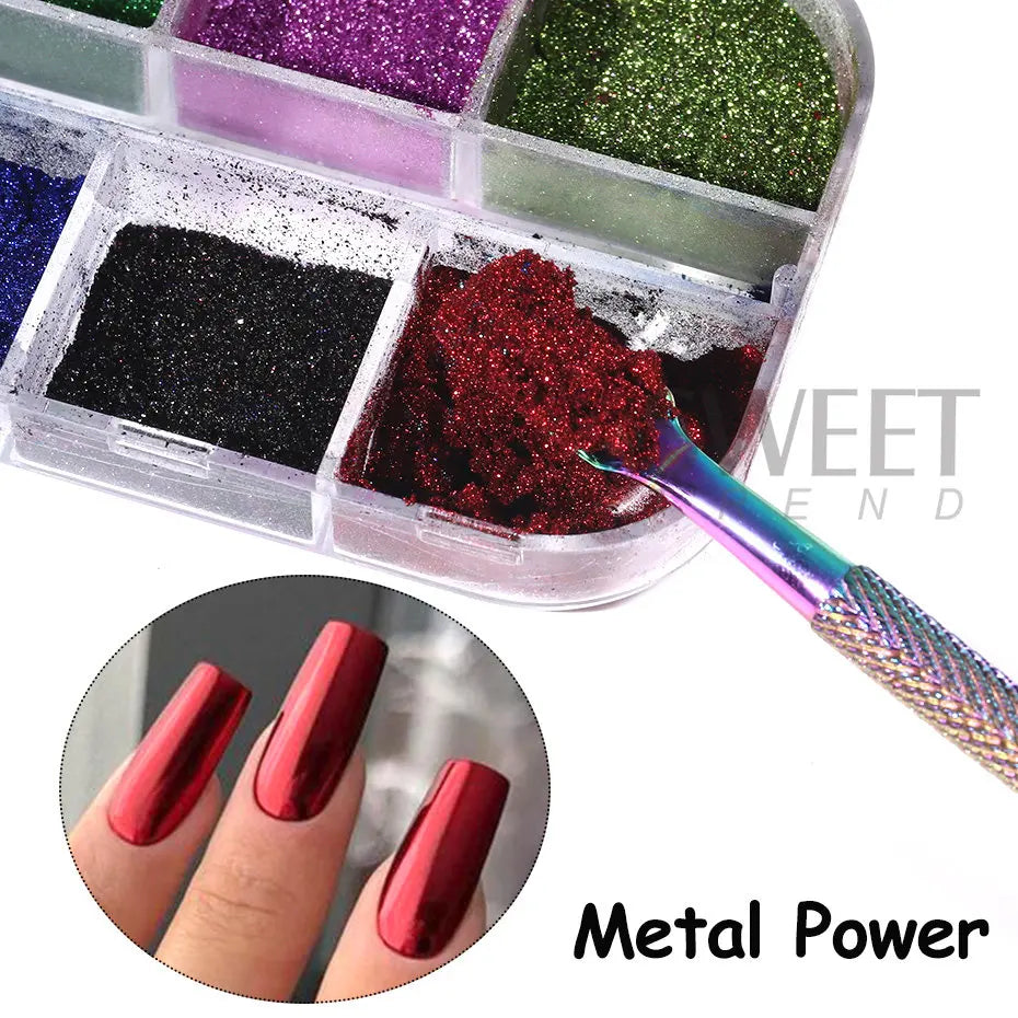 Pigmento Metálico Holográfico para Uñas – 12 Colores, Efecto Espejo, Decoración UV Gel