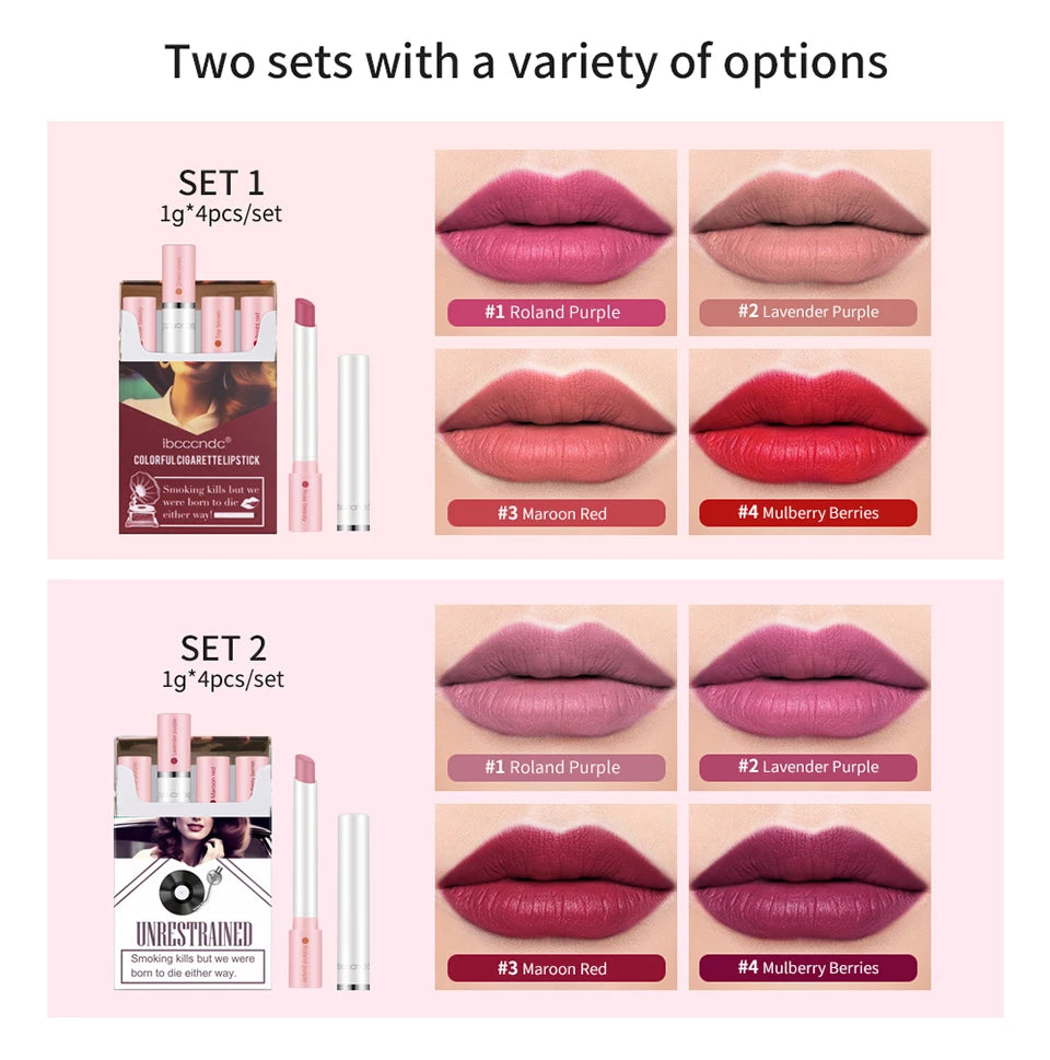 Set de 4 Labiales Mate Larga Duración – Resistente al Agua