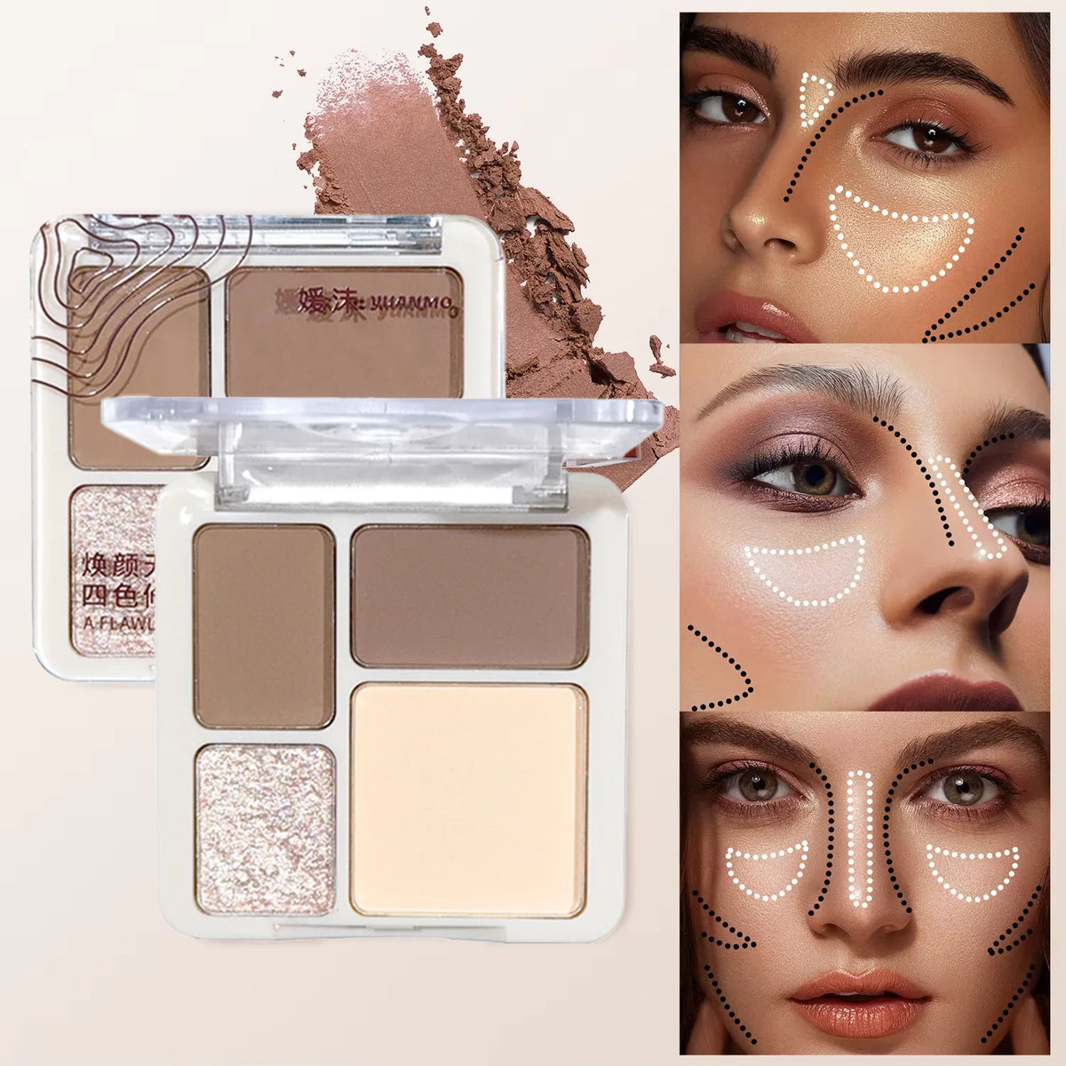 Paleta de Contorno Facial 3D en 4 Tonos – Iluminación y Definición Duradera