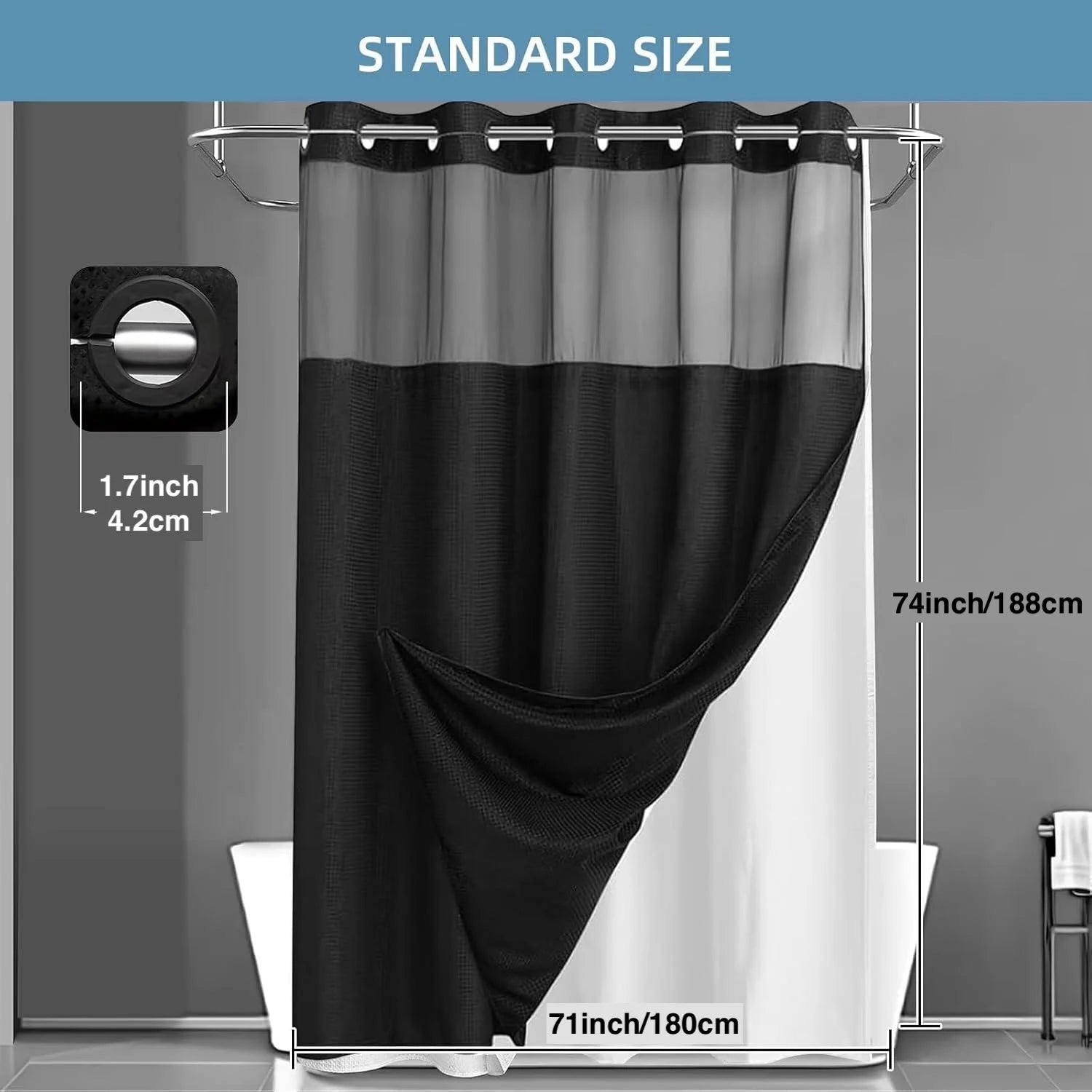 Cortina de Baño Waffle Negra con Puntos – Sin Ganchos, 71x74in