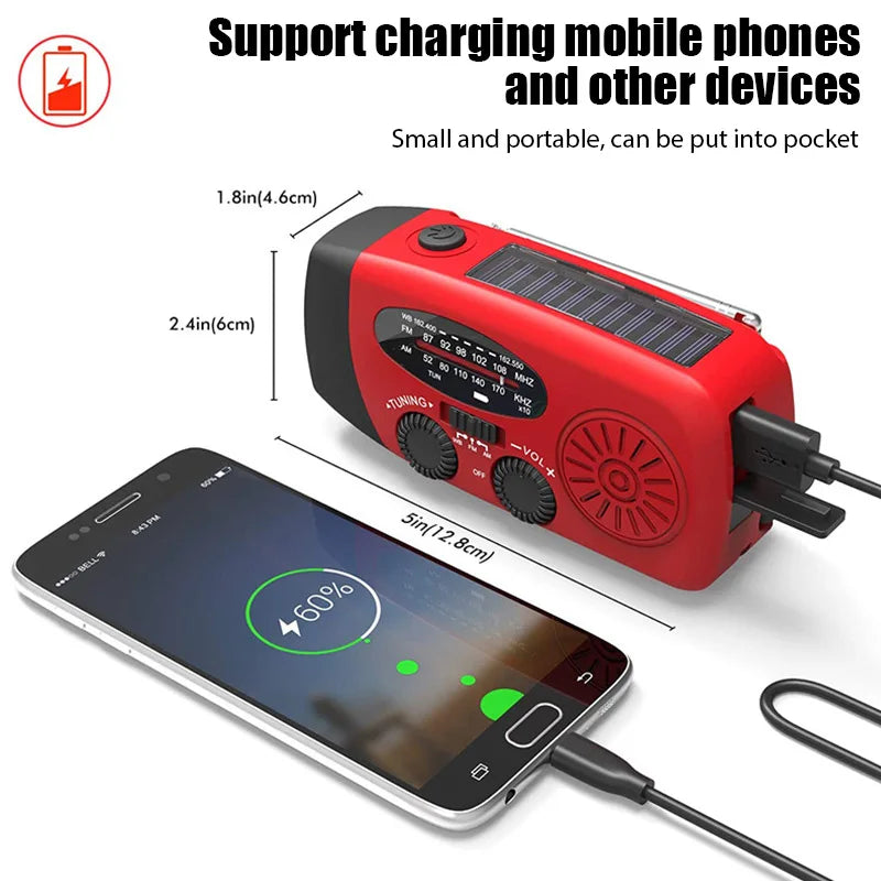 Radio de Emergencia Portátil Multifuncional – Solar, Manivela, Linterna LED y Power Bank