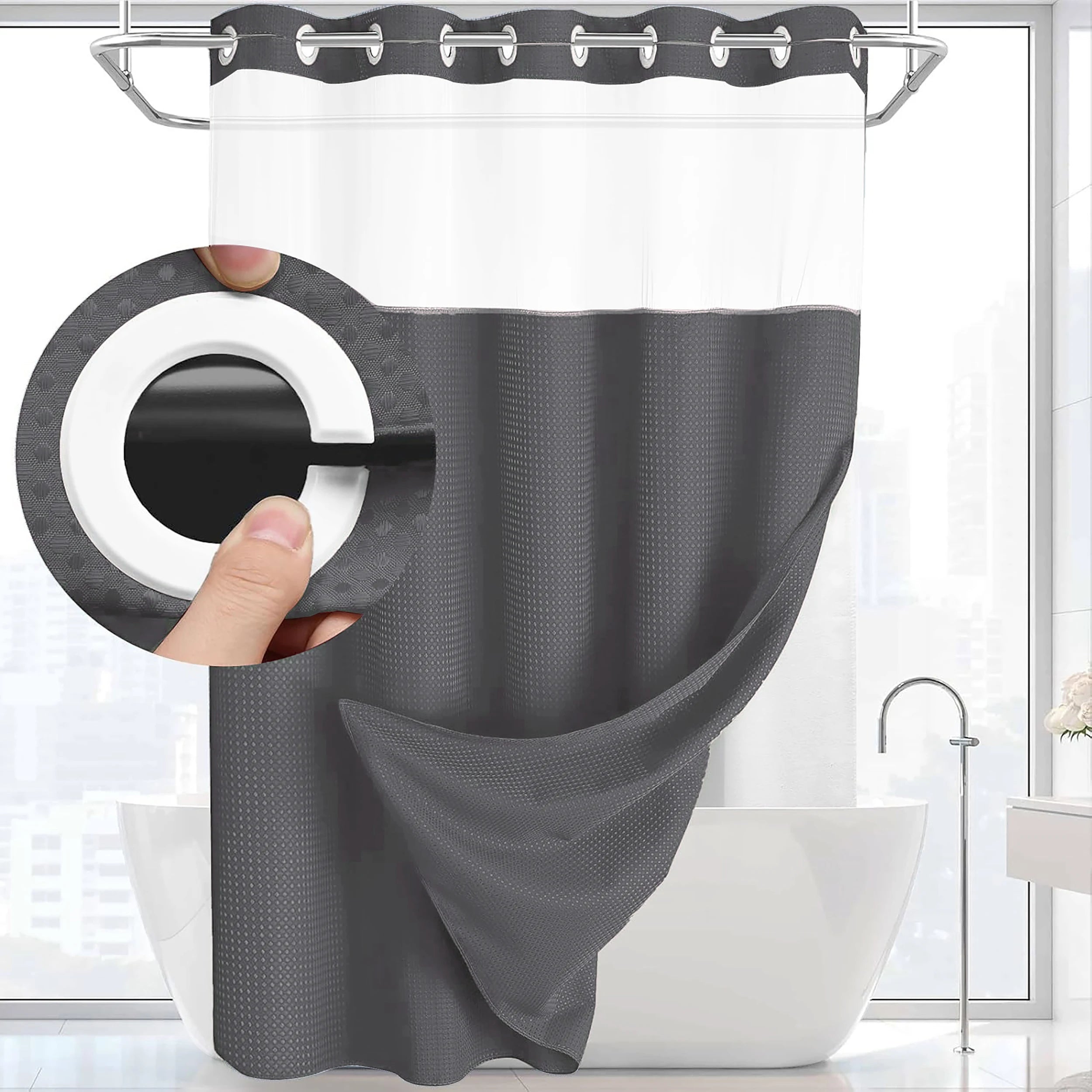 Cortina de Baño Waffle Negra con Puntos – Sin Ganchos, 71x74in