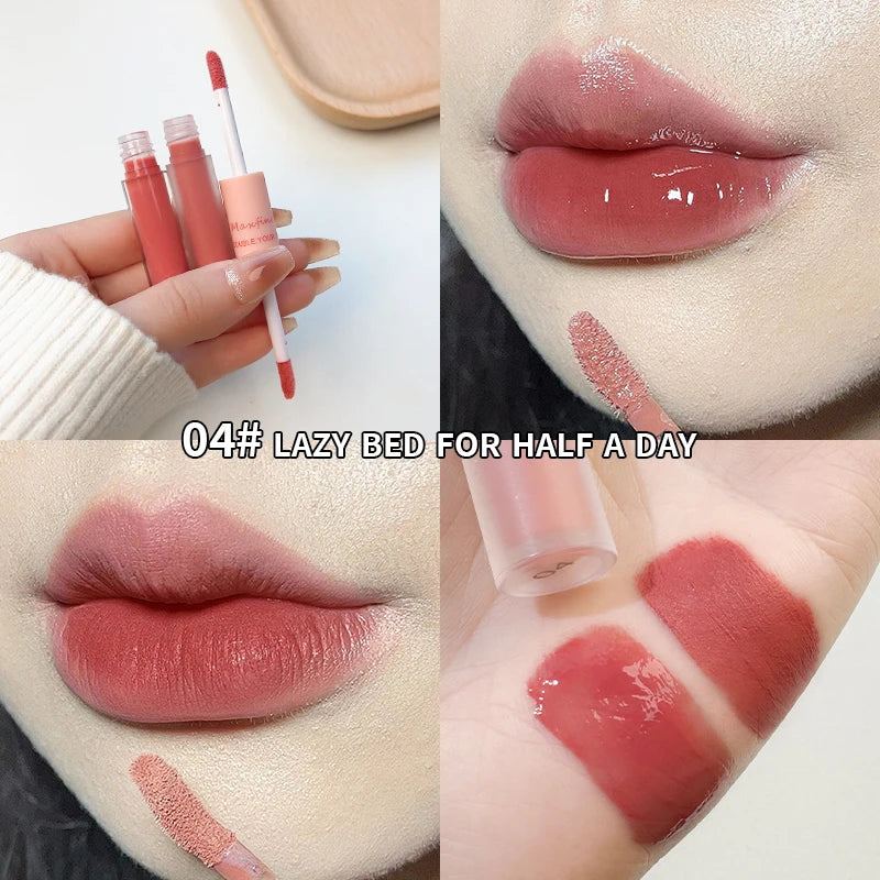 Lip Glaze Doble Efecto – Brillo Espejo y Acabado Mate Aterciopelado, Larga Duración