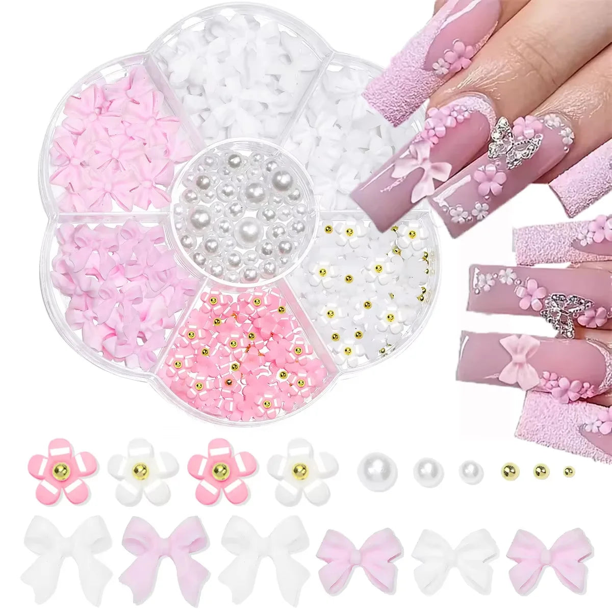 Set de Accesorios 3D para Uñas – Moños, Flores y Perlas