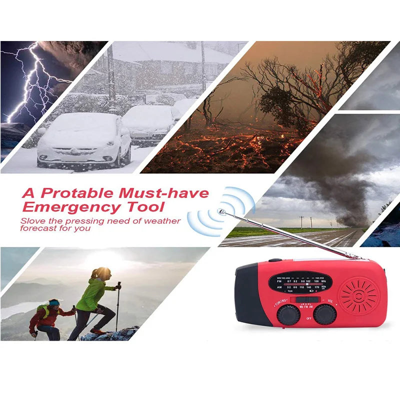 Radio de Emergencia Portátil Multifuncional – Solar, Manivela, Linterna LED y Power Bank