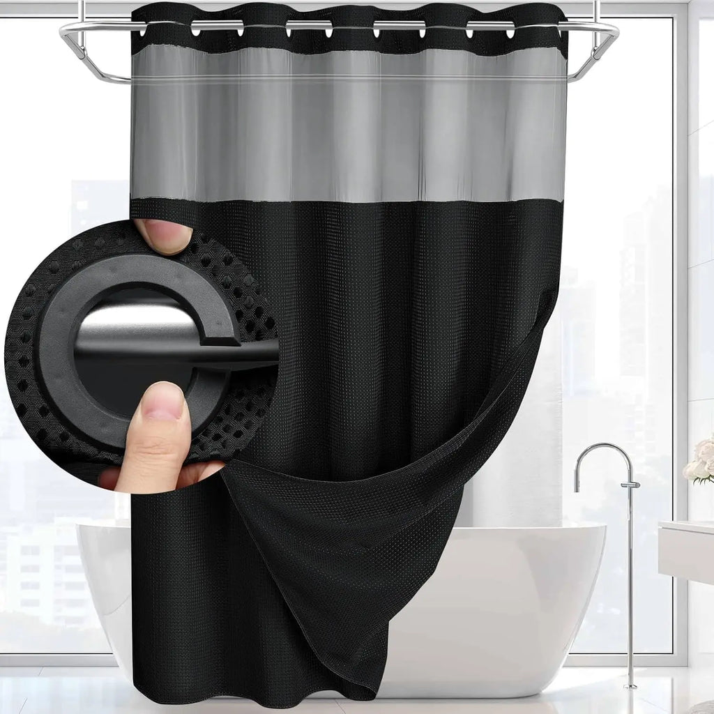 Cortina de Baño Waffle Negra con Puntos – Sin Ganchos, 71x74in