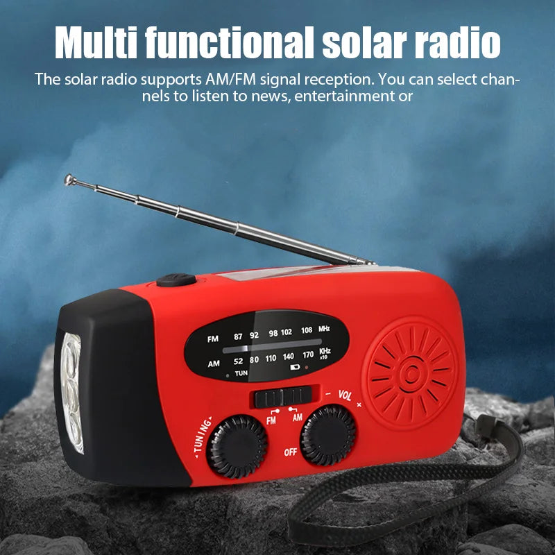 Radio de Emergencia Portátil Multifuncional – Solar, Manivela, Linterna LED y Power Bank