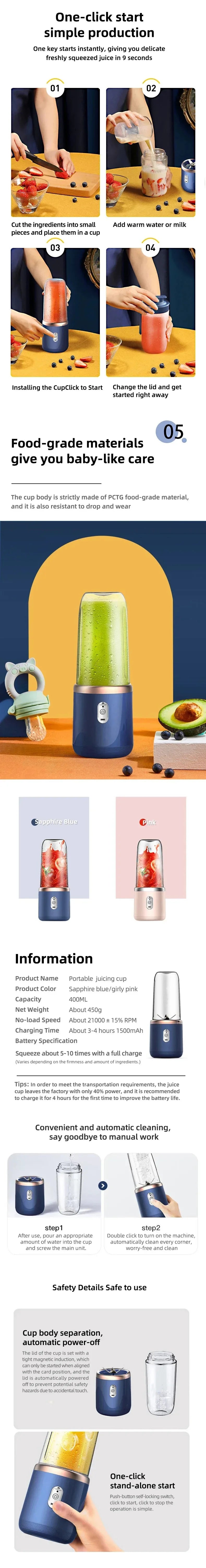 Licuadora Portátil USB 400ml — Mini Mezcladora Recargable para Smoothies