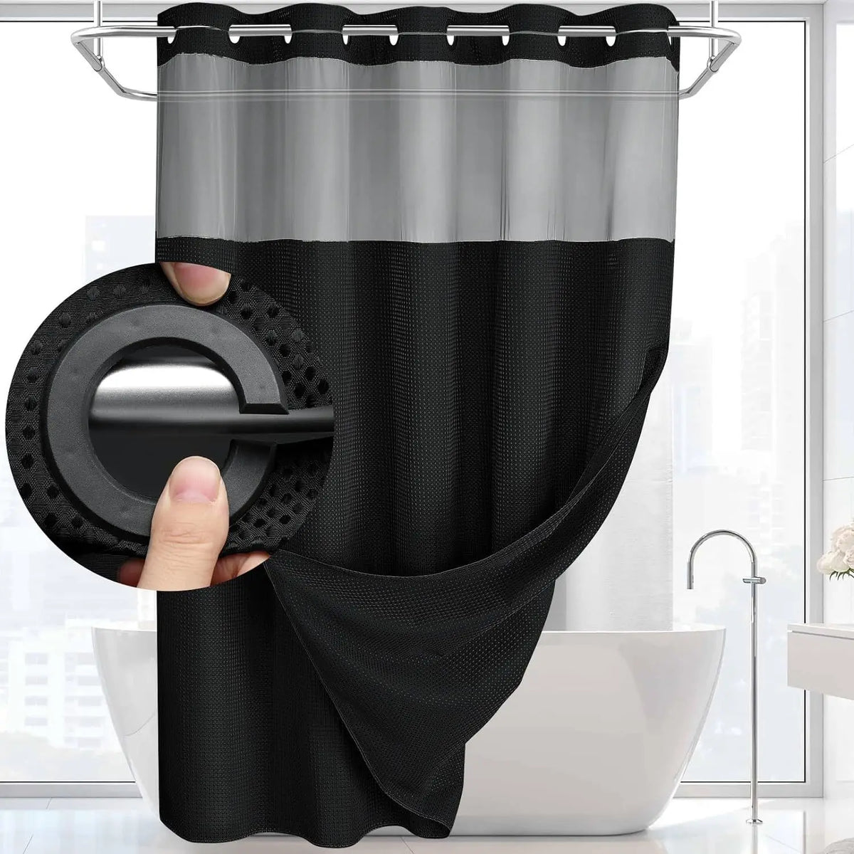 Cortina de Baño Doble Capa Waffle Impermeable – Sin Ganchos, 183x190cm