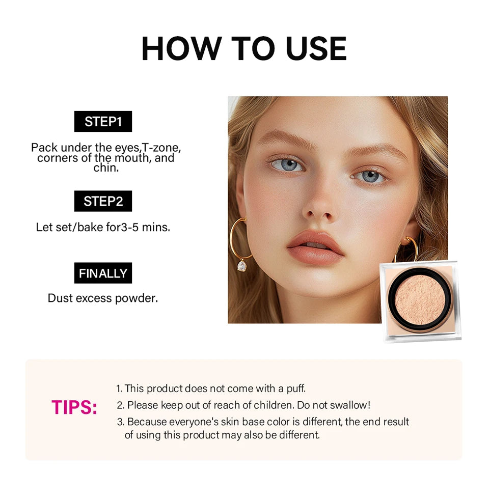 Loose Baking&Setting Powder Long Lasting Oil Control Natural Face Matte Waterproof BrighTening Loose Powder Makeup Cosmetics