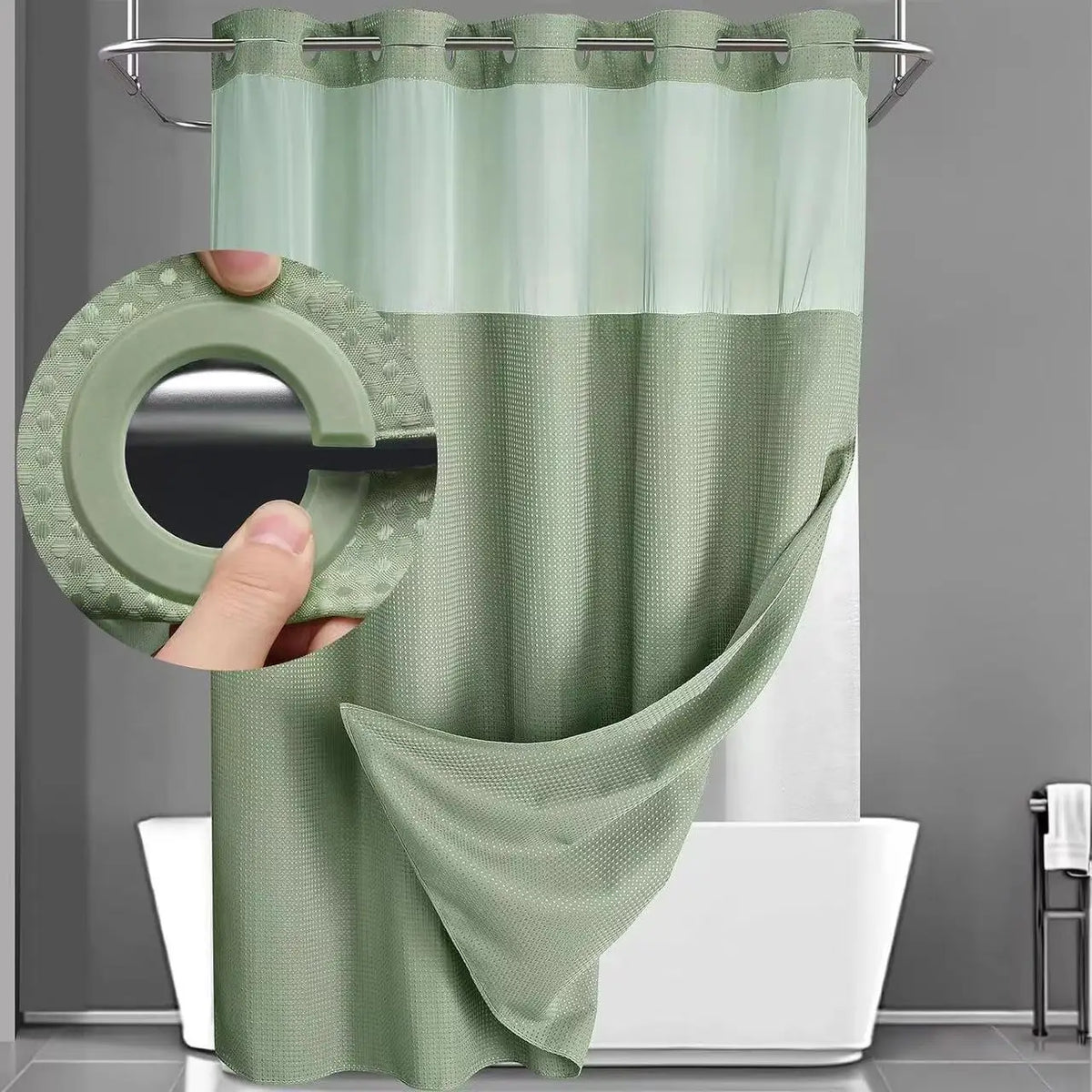 Cortina de Baño Waffle Negra con Puntos – Sin Ganchos, 71x74in