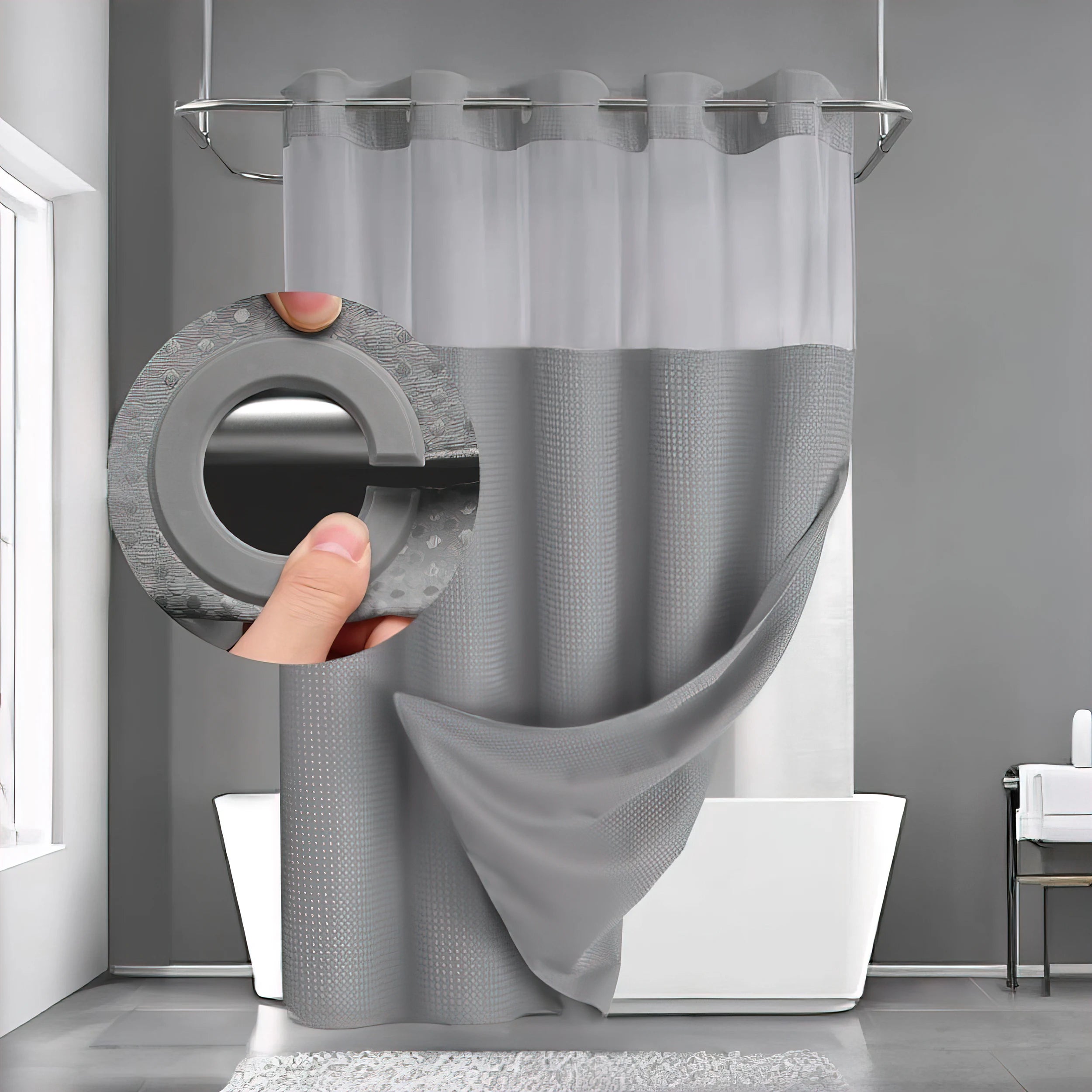 Cortina de Baño Waffle Negra con Puntos – Sin Ganchos, 71x74in