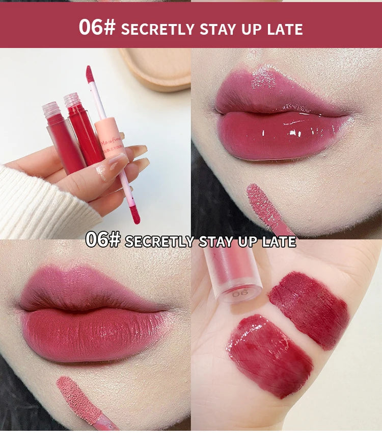 Lip Glaze Doble Efecto – Brillo Espejo y Acabado Mate Aterciopelado, Larga Duración